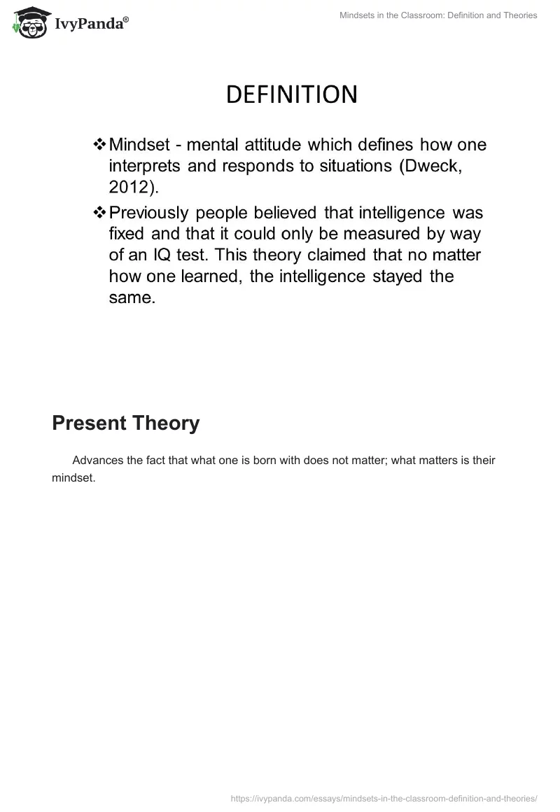Mindsets in the Classroom: Definition and Theories. Page 2