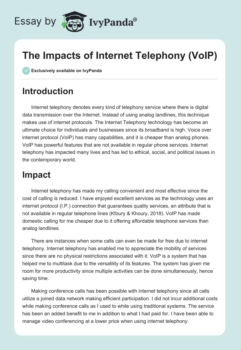 The Impacts of Internet Telephony (VoIP). Page 1