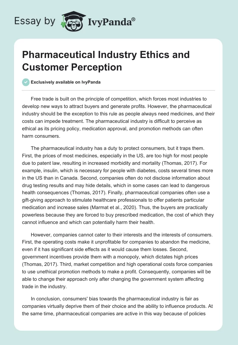 Pharmaceutical Industry Ethics and Customer Perception. Page 1