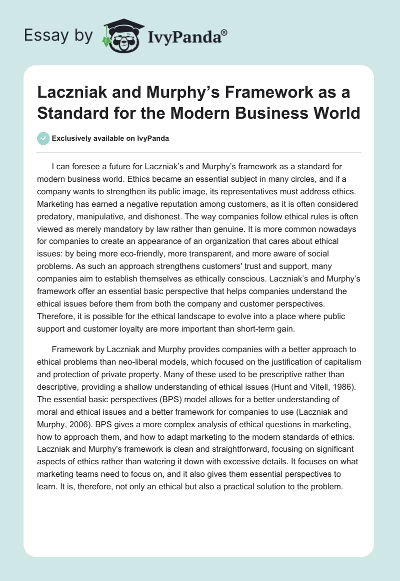 Laczniak and Murphy’s Framework as a Standard for the Modern Business World. Page 1