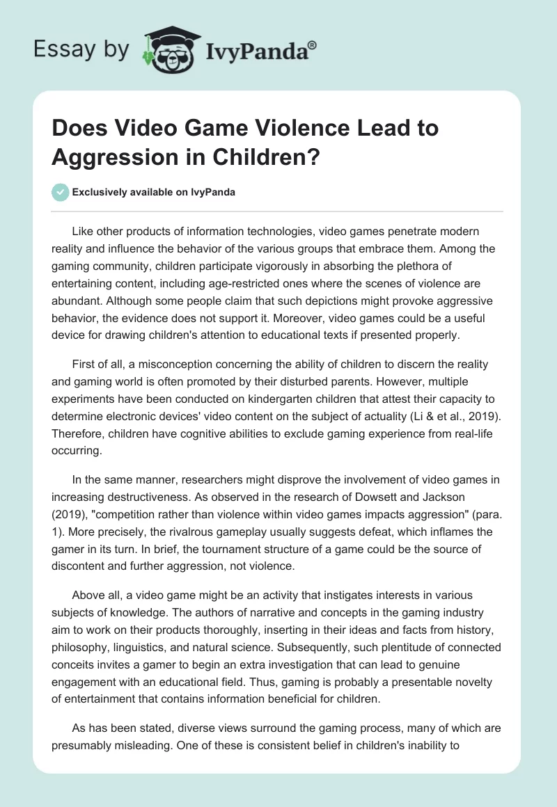 Does Video Game Violence Lead to Aggression in Children?. Page 1