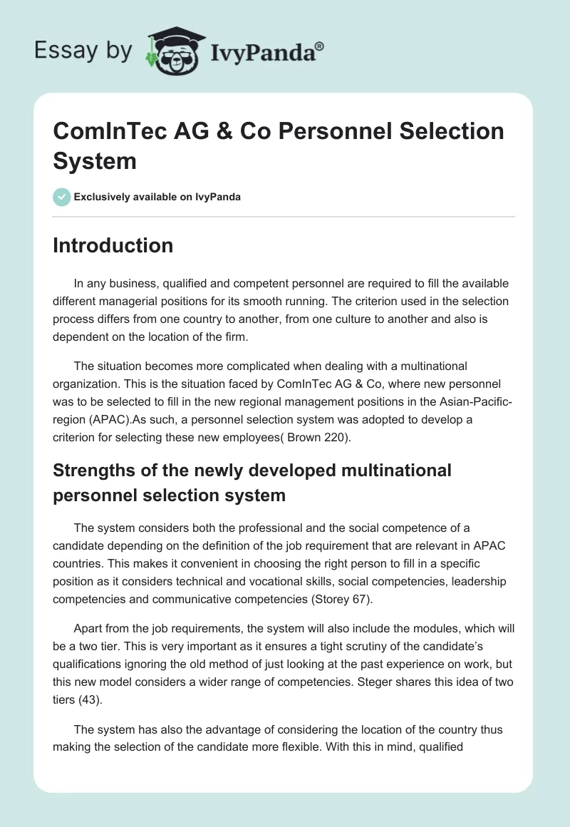 ComInTec AG & Co Personnel Selection System. Page 1