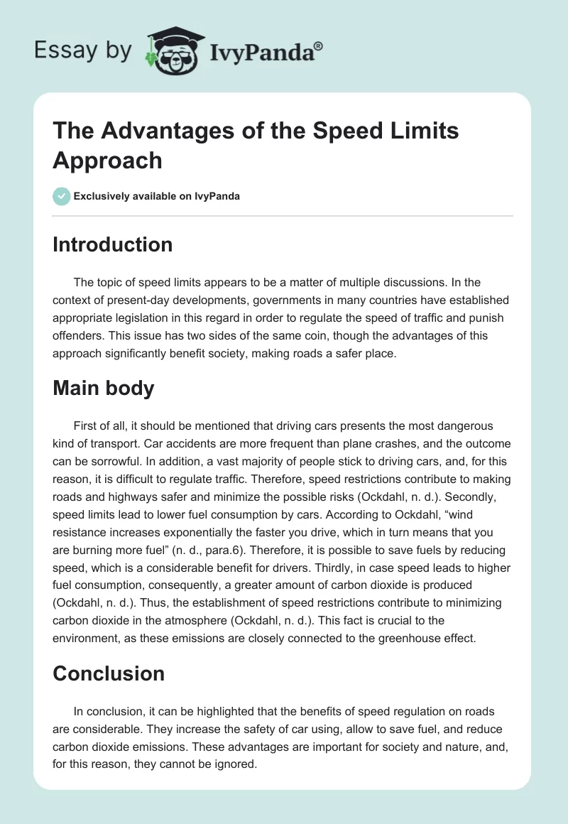 The Advantages of the Speed Limits Approach. Page 1