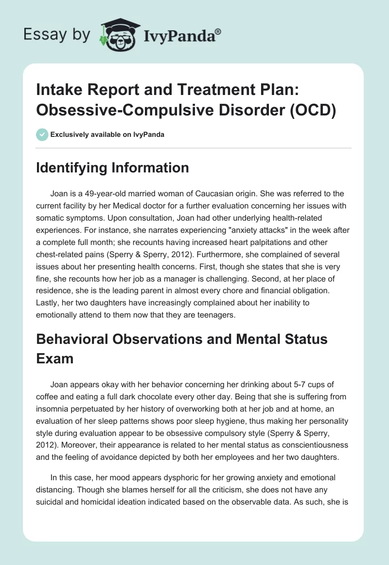 Intake Report and Treatment Plan: Obsessive-Compulsive Disorder (OCD). Page 1