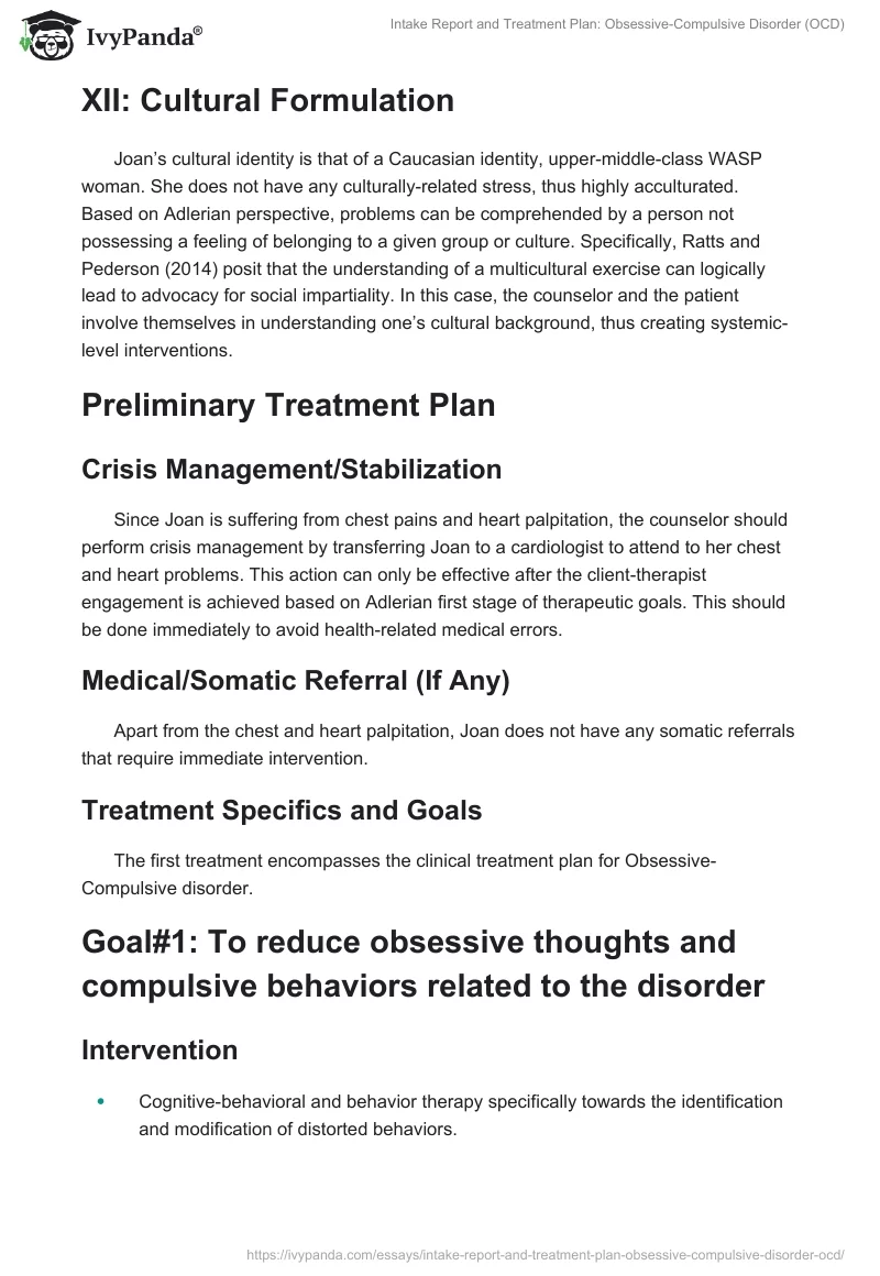 Intake Report and Treatment Plan: Obsessive-Compulsive Disorder (OCD). Page 5