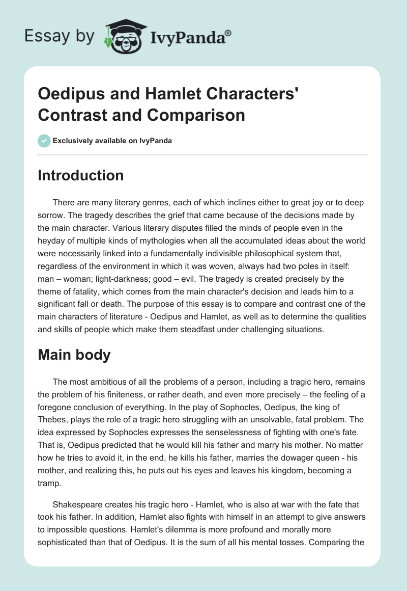 Oedipus and Hamlet Characters' Contrast and Comparison. Page 1
