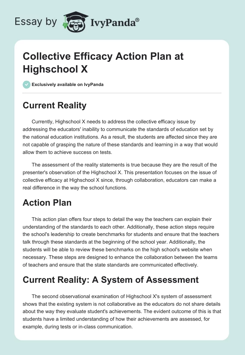 Collective Efficacy Action Plan at Highschool X. Page 1