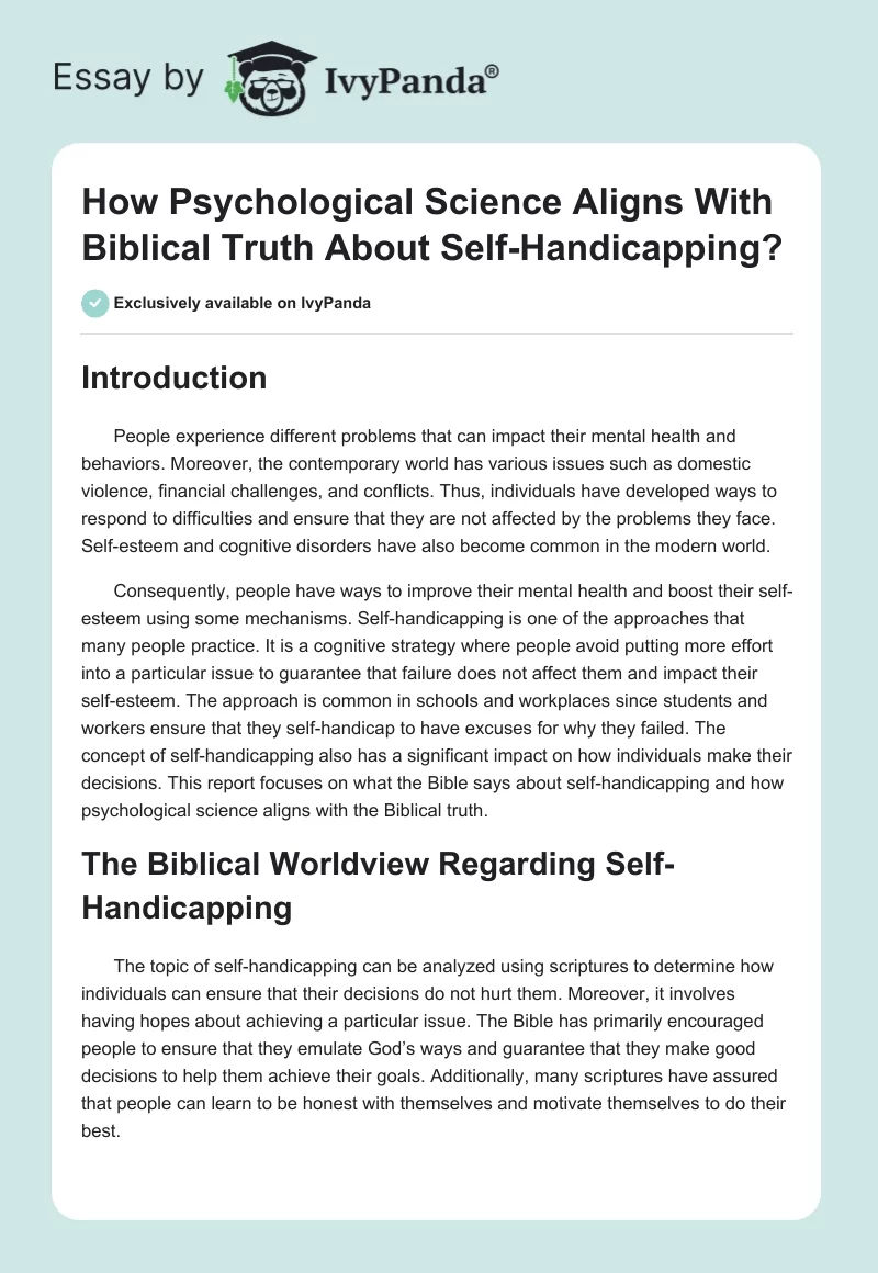How Psychological Science Aligns With Biblical Truth About Self-Handicapping?. Page 1