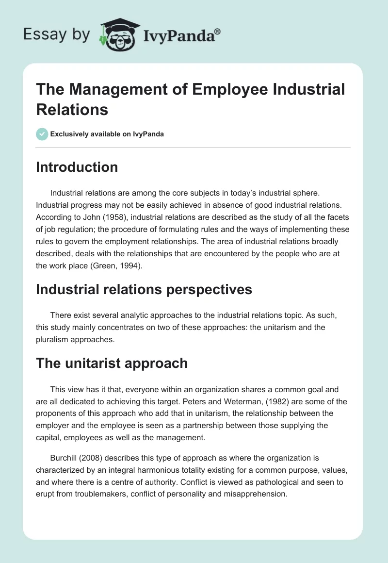 The Management of Employee Industrial Relations. Page 1