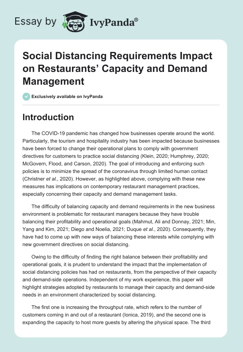 Social Distancing Requirements Impact on Restaurants’ Capacity and Demand Management. Page 1