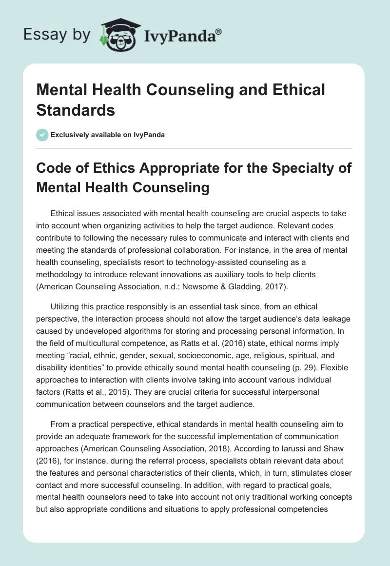 Mental Health Counseling and Ethical Standards. Page 1