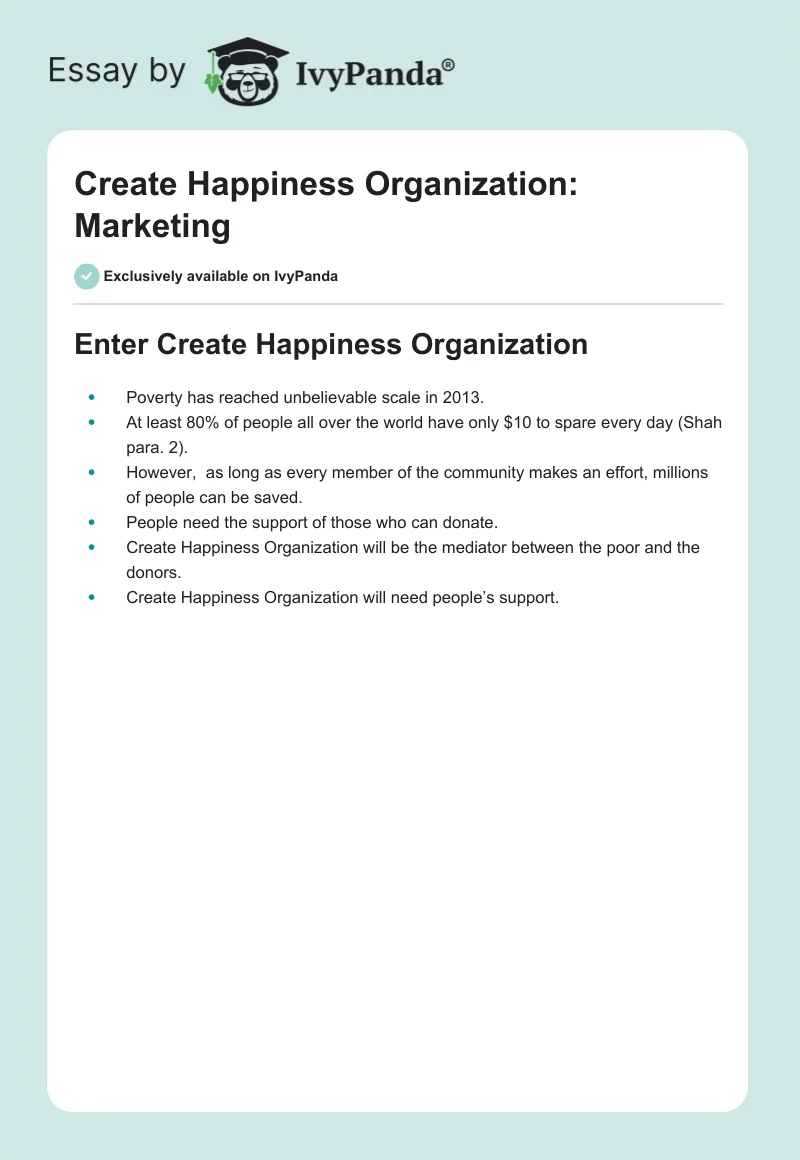 Create Happiness Organization: Marketing. Page 1