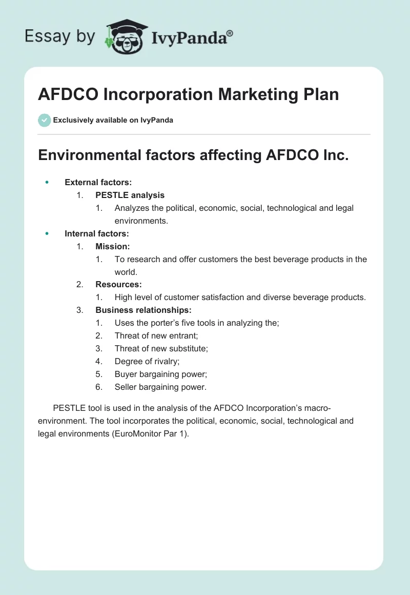 AFDCO Incorporation Marketing Plan. Page 1