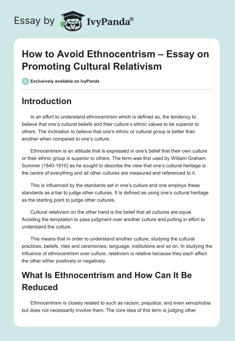 How to Avoid Ethnocentrism – Essay on Promoting Cultural Relativism. Page 1
