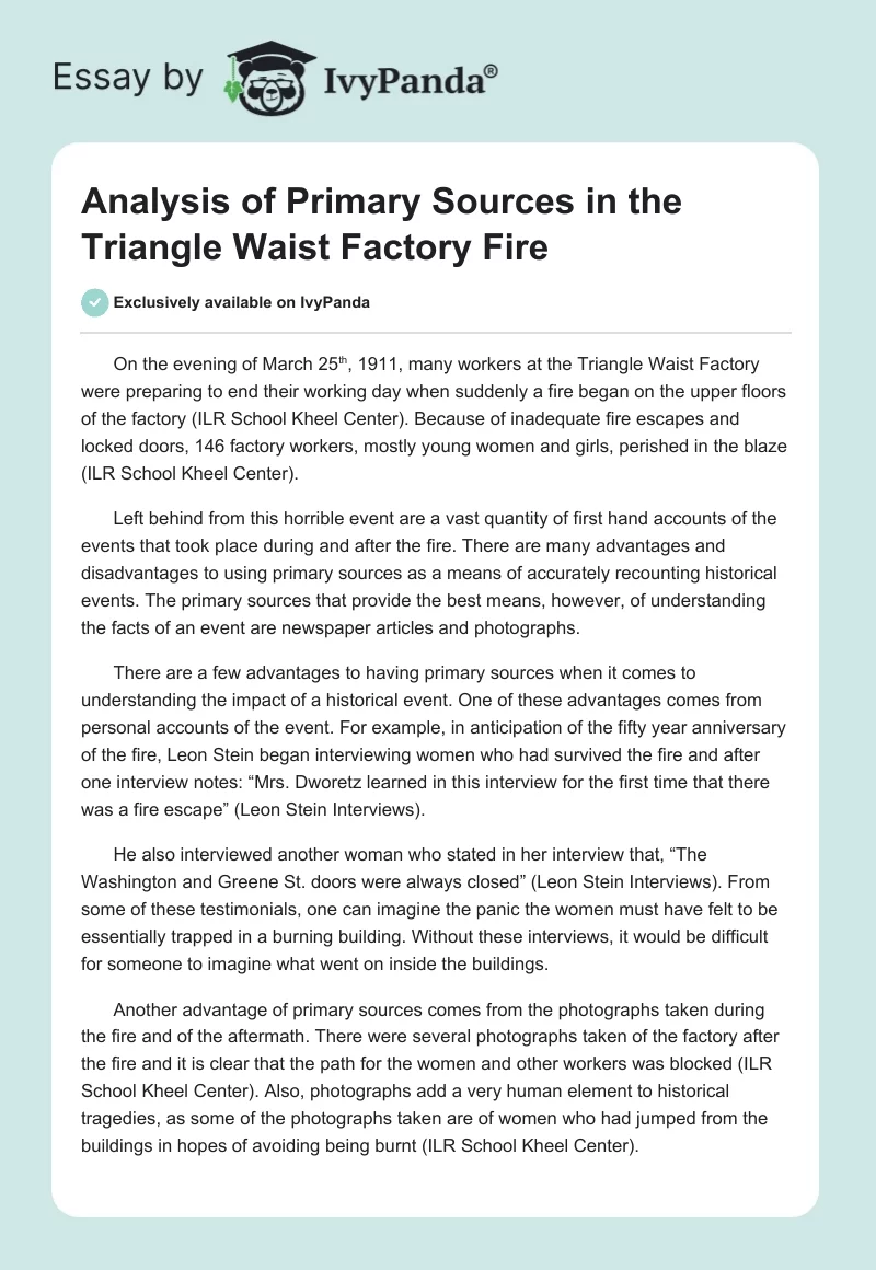 Analysis of Primary Sources in the Triangle Waist Factory Fire. Page 1