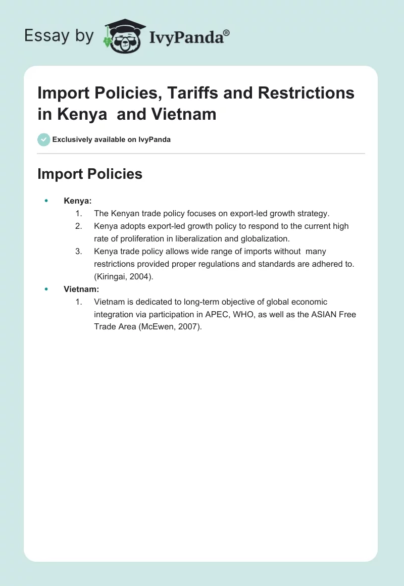 Import Policies, Tariffs and Restrictions in Kenya  and Vietnam. Page 1