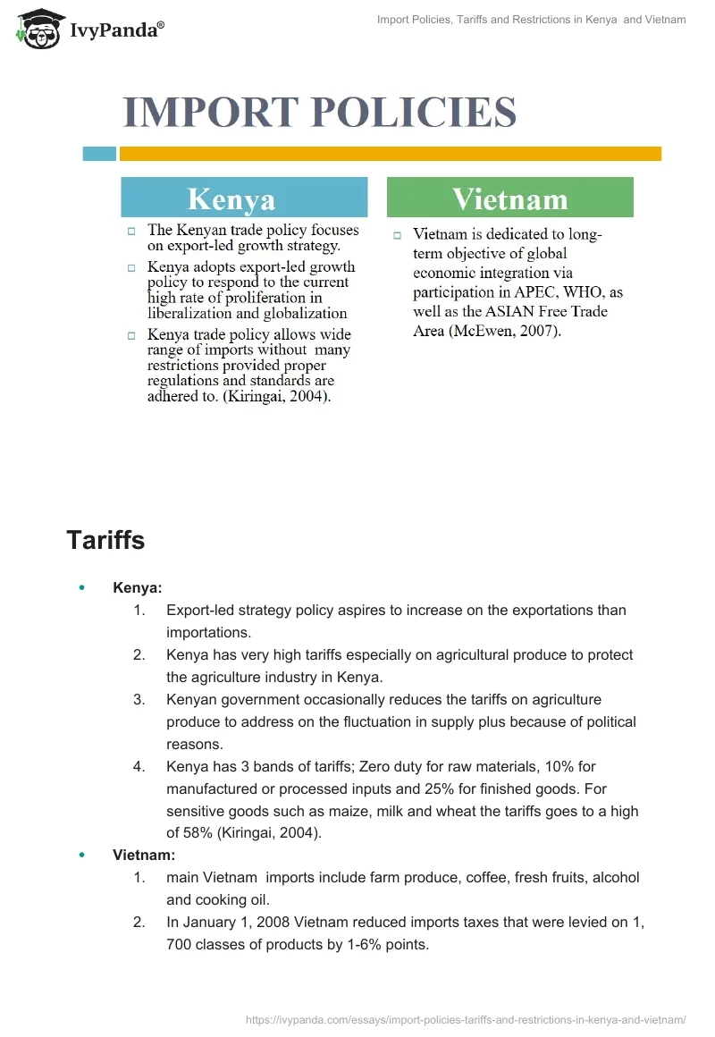 Import Policies, Tariffs and Restrictions in Kenya  and Vietnam. Page 2
