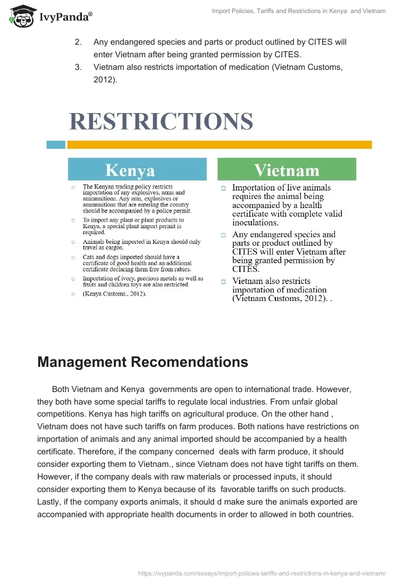 Import Policies, Tariffs and Restrictions in Kenya  and Vietnam. Page 4