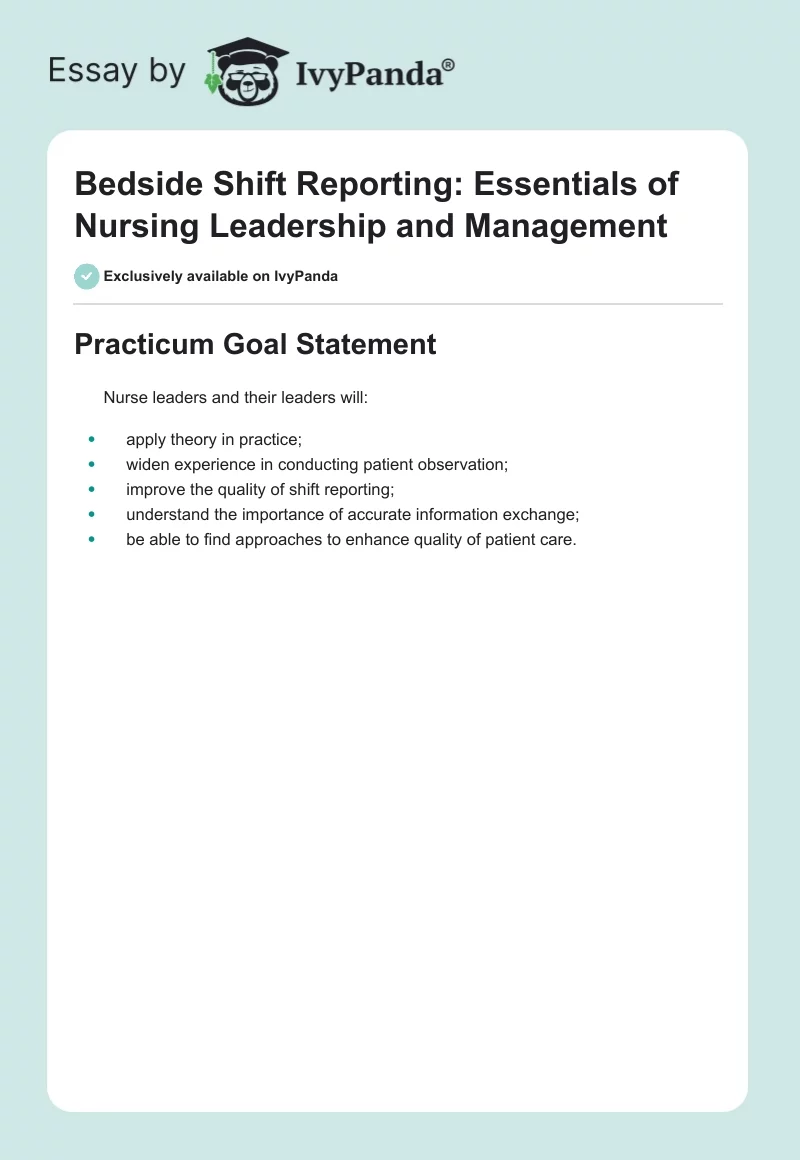 Bedside Shift Reporting: Essentials of Nursing Leadership and Management. Page 1