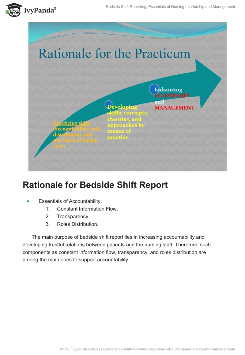 Bedside Shift Reporting: Essentials of Nursing Leadership and Management. Page 4