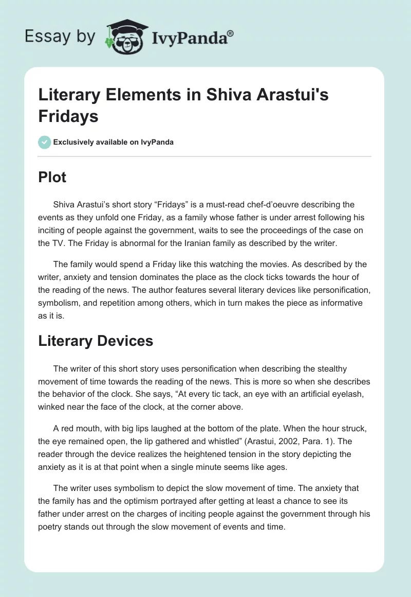 Literary Elements in Shiva Arastui's "Fridays". Page 1
