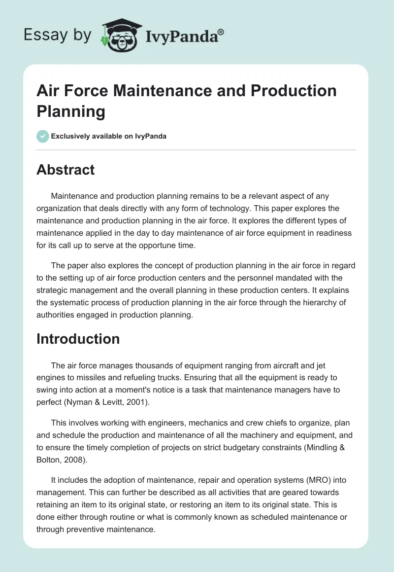 Air Force Maintenance and Production Planning. Page 1