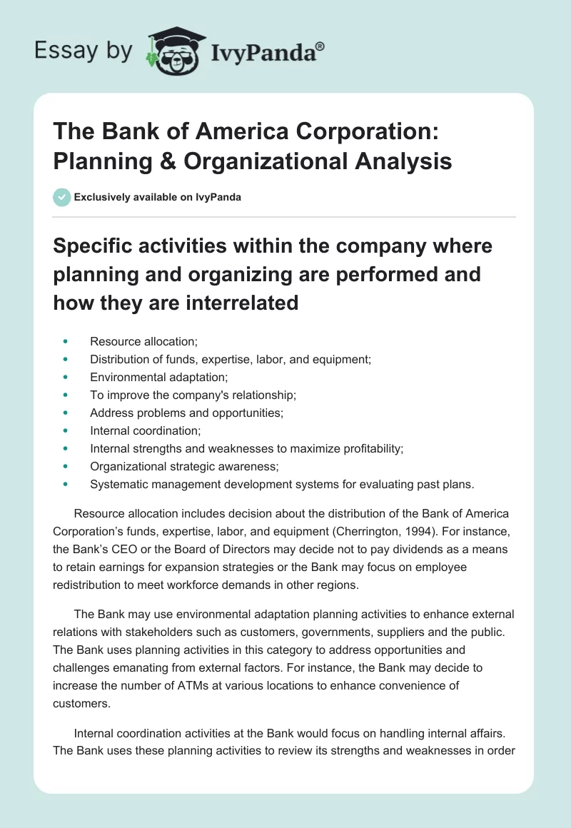 The Bank of America Corporation: Planning & Organizational Analysis. Page 1