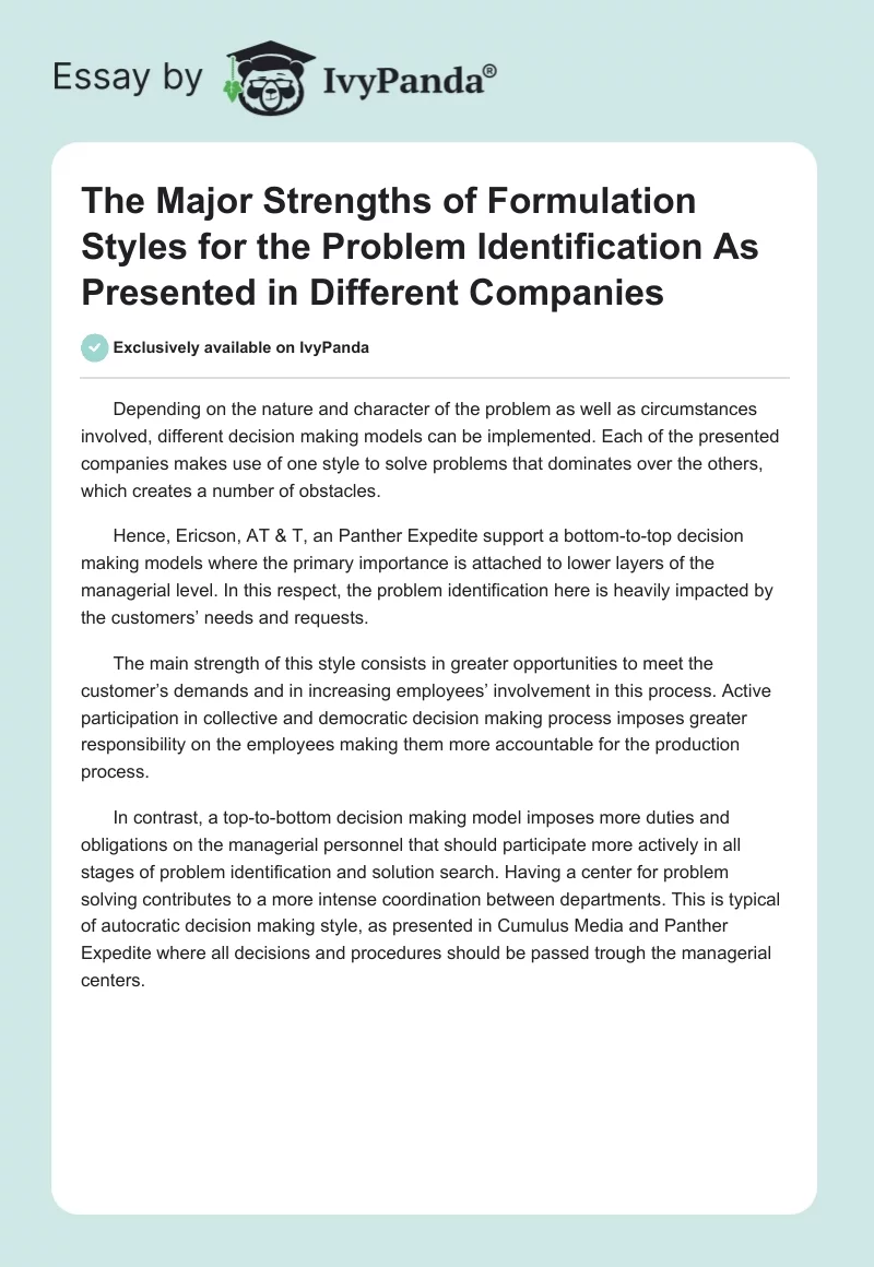 Strong and Weak Points of Problem Identification and Formulation Styles to Solve Problems in Enterprises. Page 1