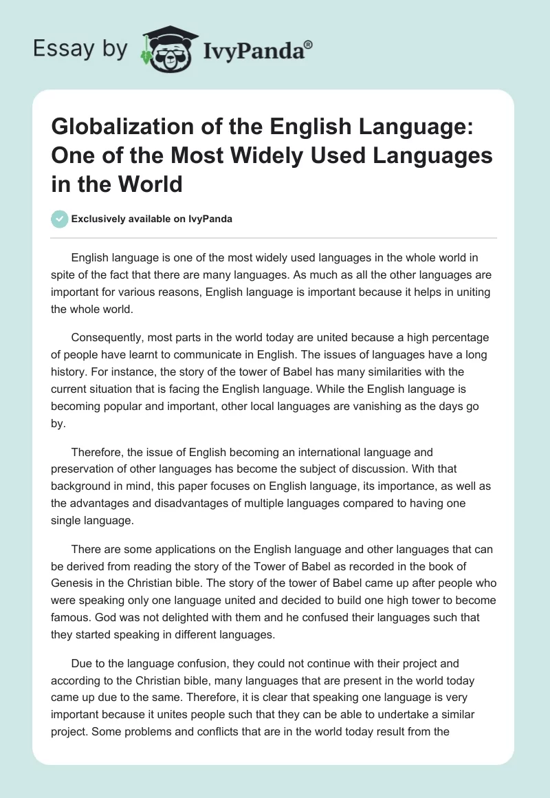 Globalization of the English Language: One of the Most Widely Used Languages in the World. Page 1