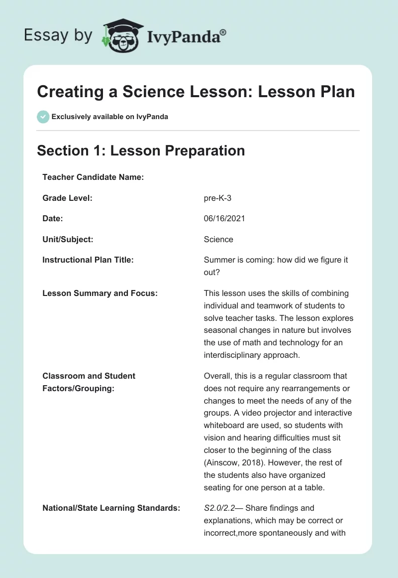 Creating a Science Lesson: Lesson Plan. Page 1