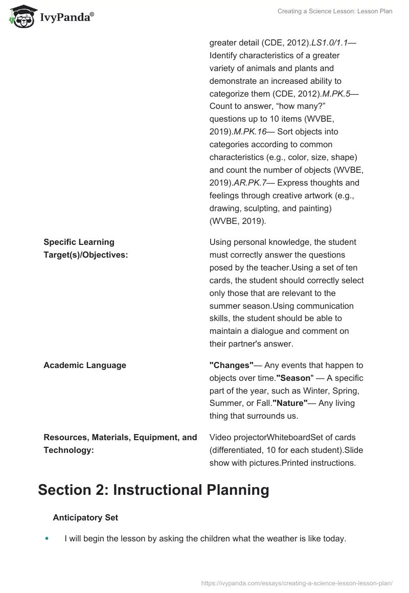 Creating a Science Lesson: Lesson Plan. Page 2