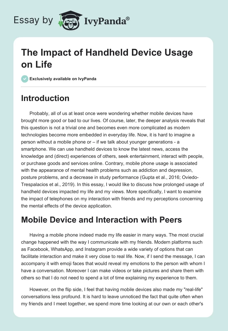 The Impact of Handheld Device Usage on Life. Page 1