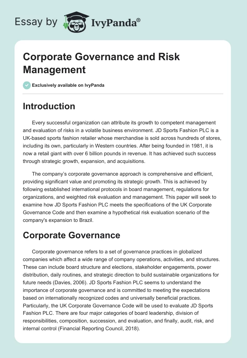 Corporate Governance and Risk Management. Page 1