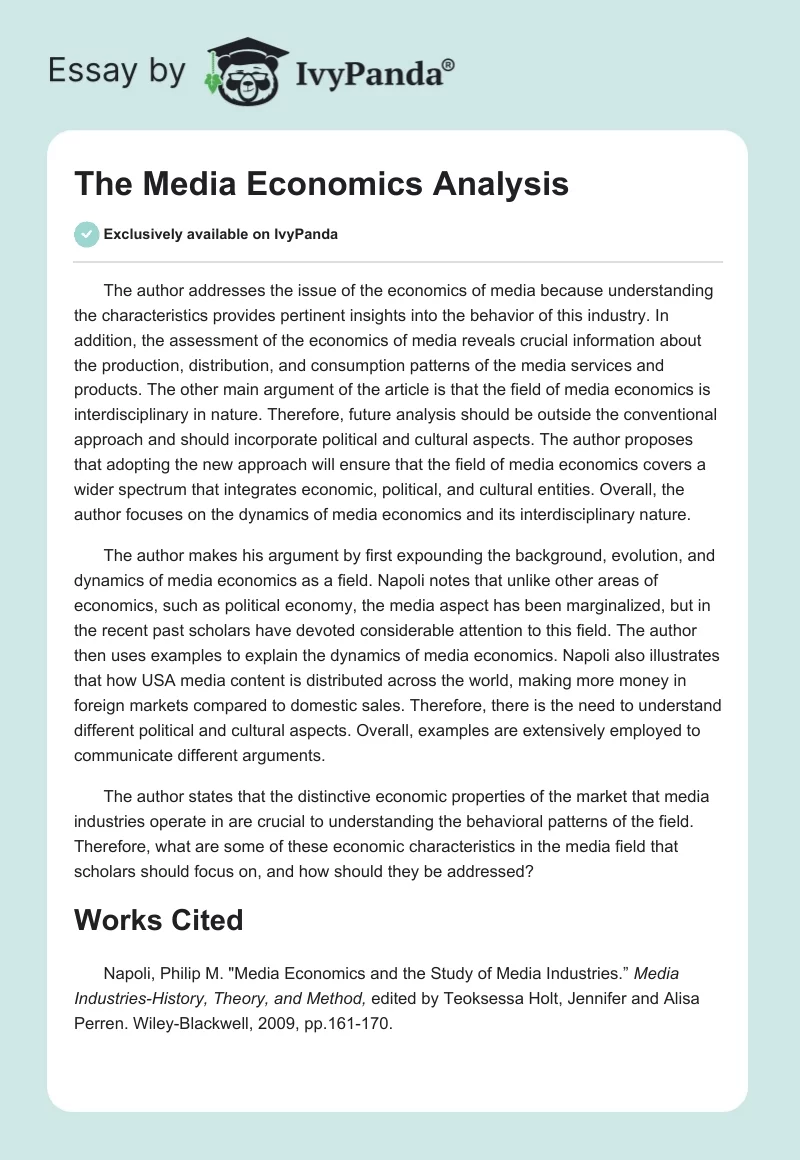 The Media Economics Analysis. Page 1
