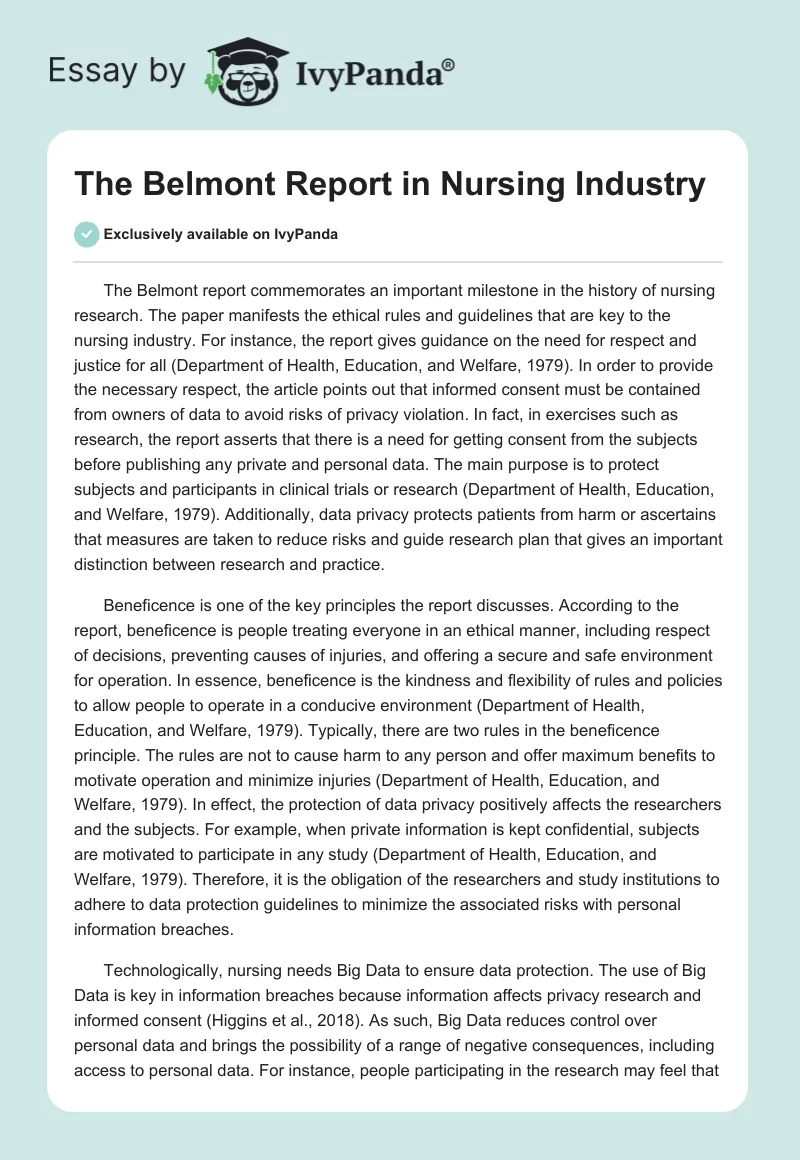 The Belmont Report in Nursing Industry. Page 1