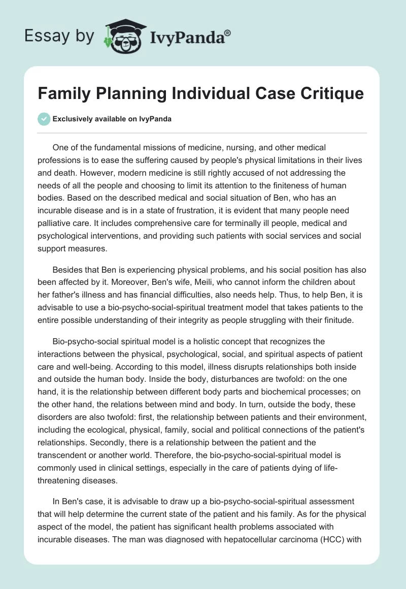 Family Planning Individual Case Critique. Page 1