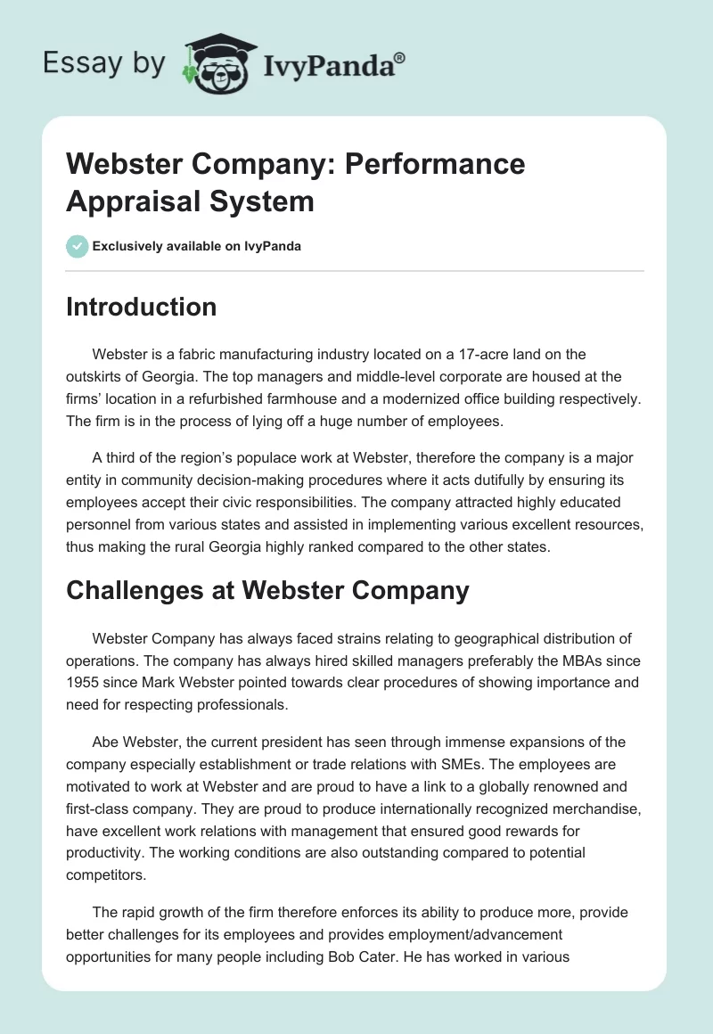 Webster Company: Performance Appraisal System. Page 1
