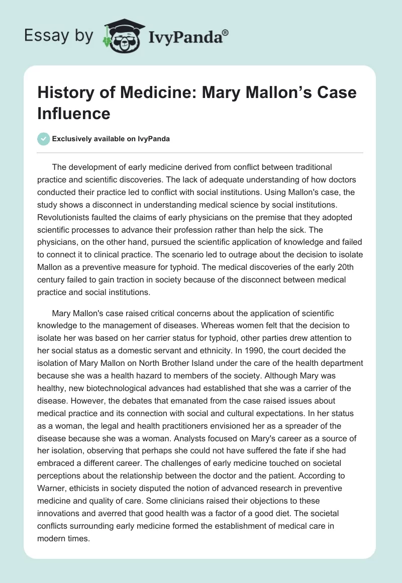 History of Medicine: Mary Mallon’s Case Influence. Page 1