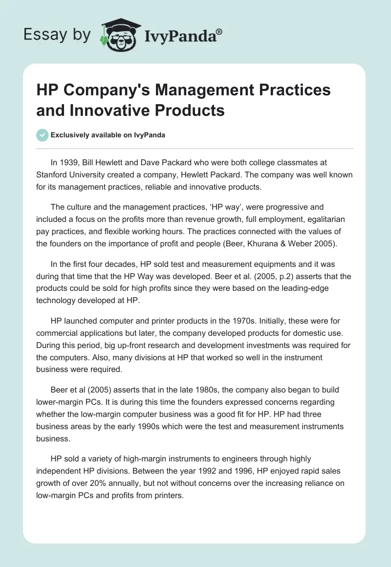 HP Company's Management Practices and Innovative Products. Page 1