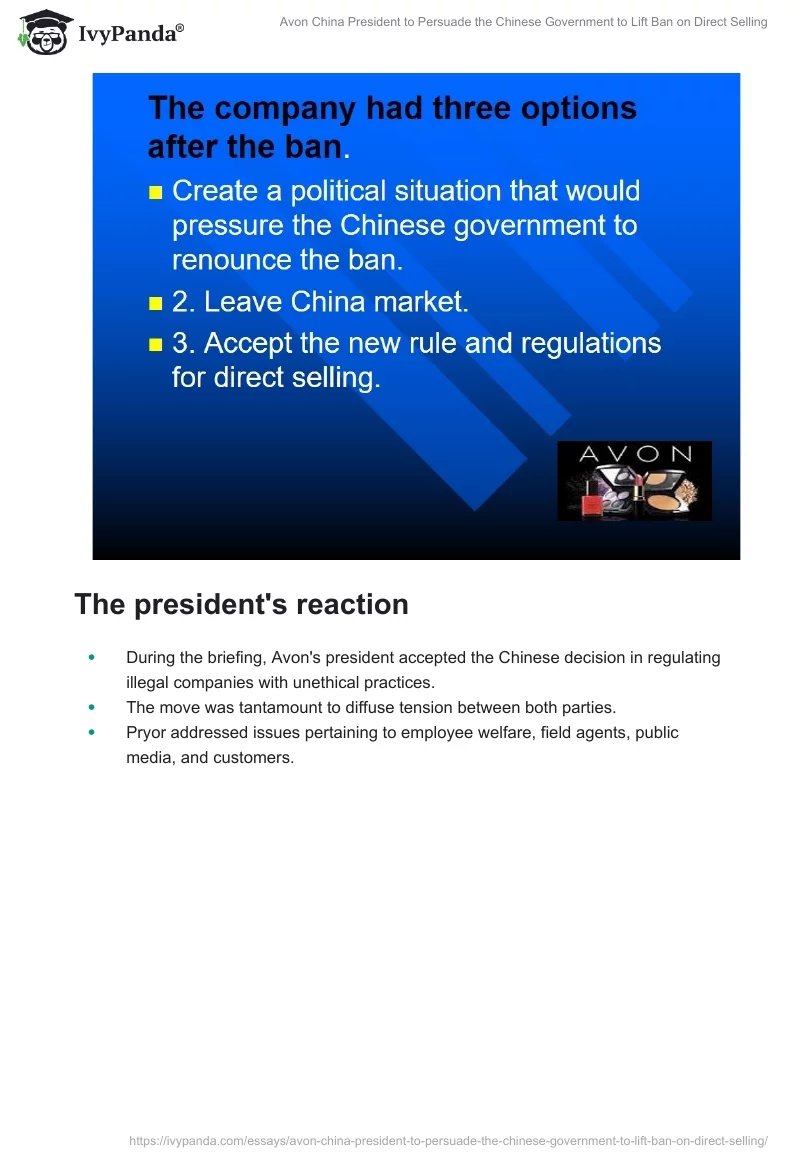 Avon China President to Persuade the Chinese Government to Lift Ban on Direct Selling. Page 4