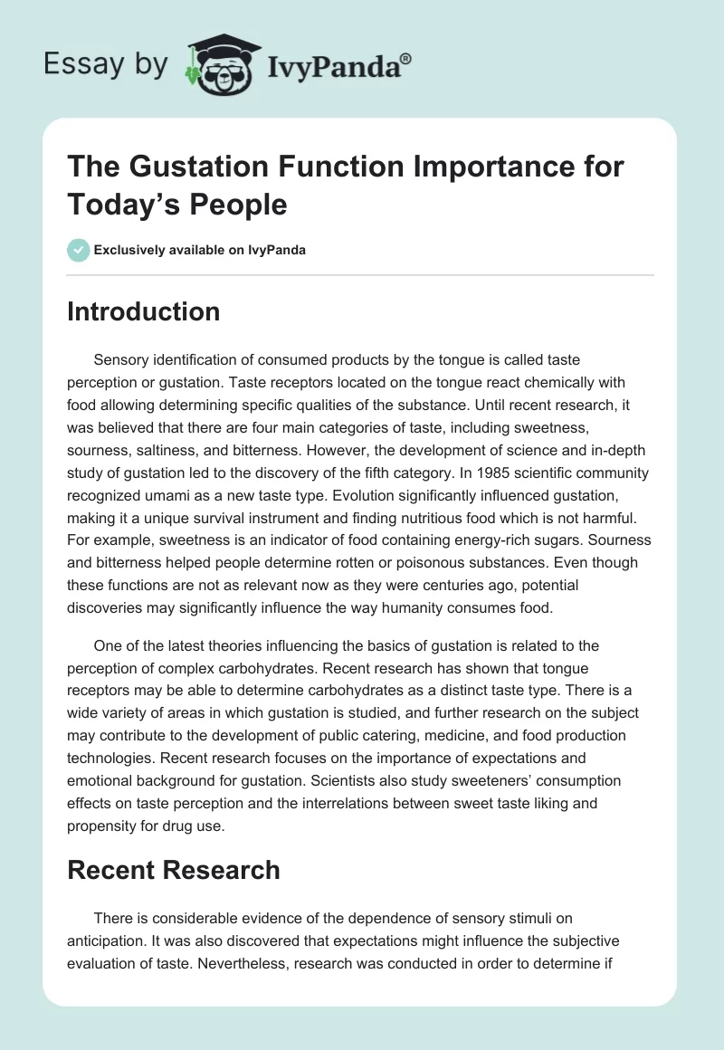 The Gustation Function Importance for Today’s People. Page 1