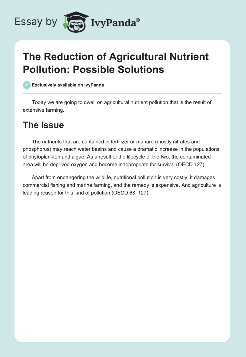 The Reduction of Agricultural Nutrient Pollution: Possible Solutions. Page 1