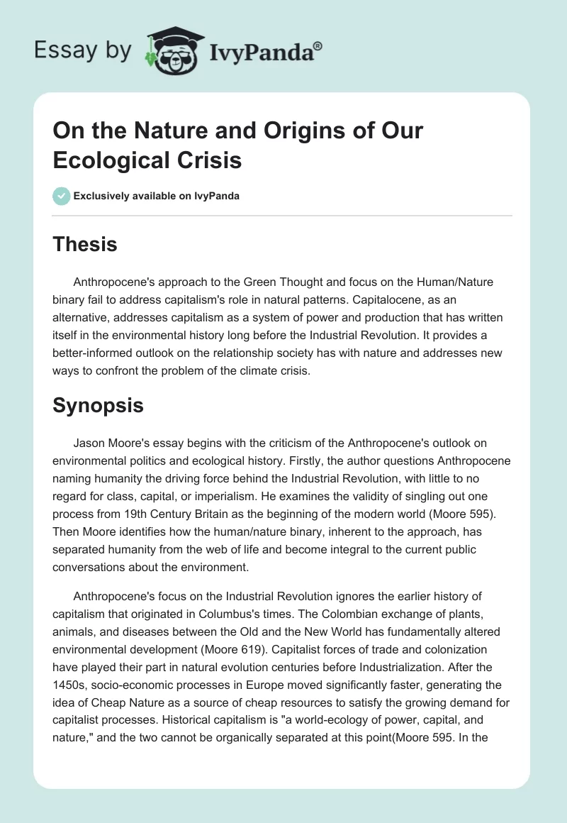 On the Nature and Origins of Our Ecological Crisis. Page 1