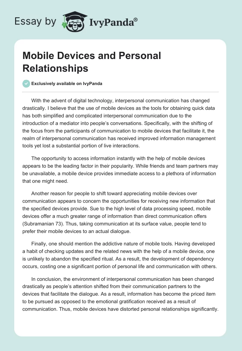 Mobile Devices and Personal Relationships. Page 1