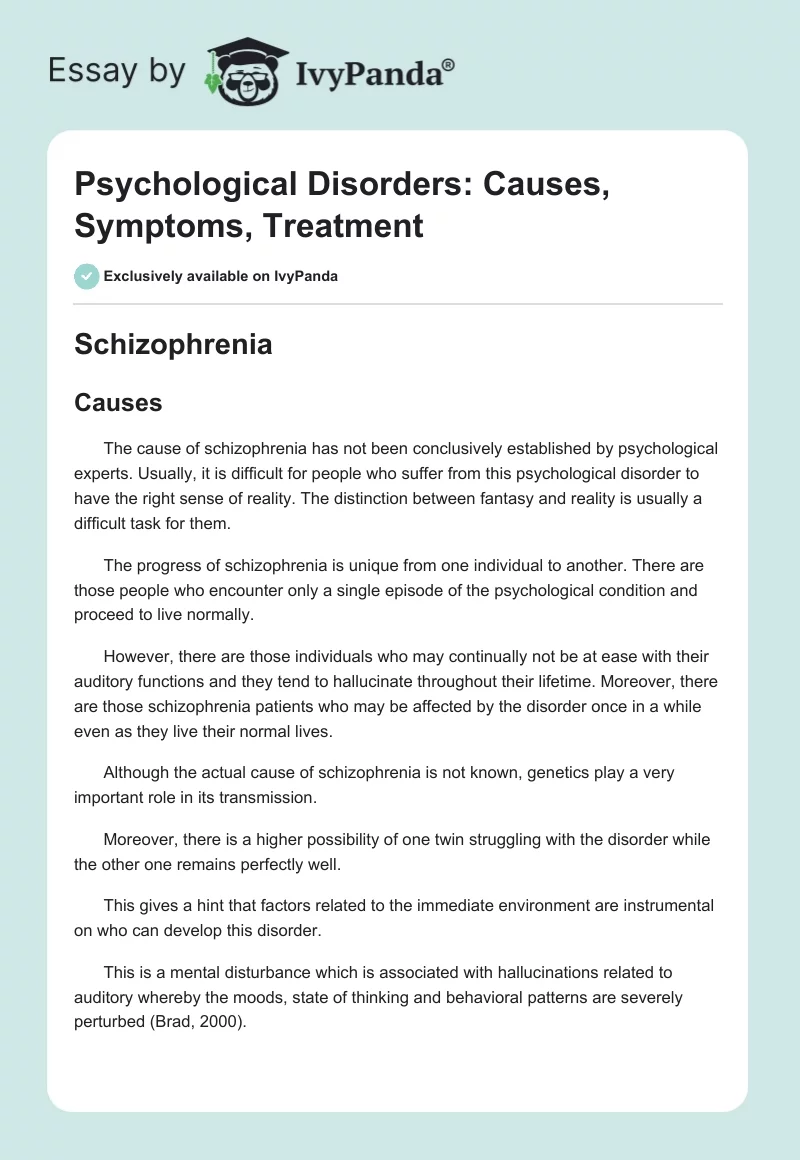 Psychological Disorders: Causes, Symptoms, Treatment. Page 1