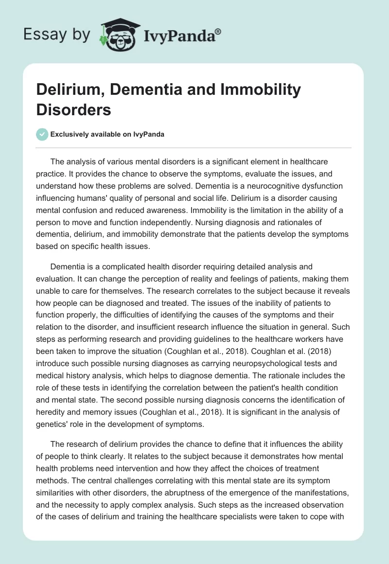 Delirium, Dementia and Immobility Disorders. Page 1