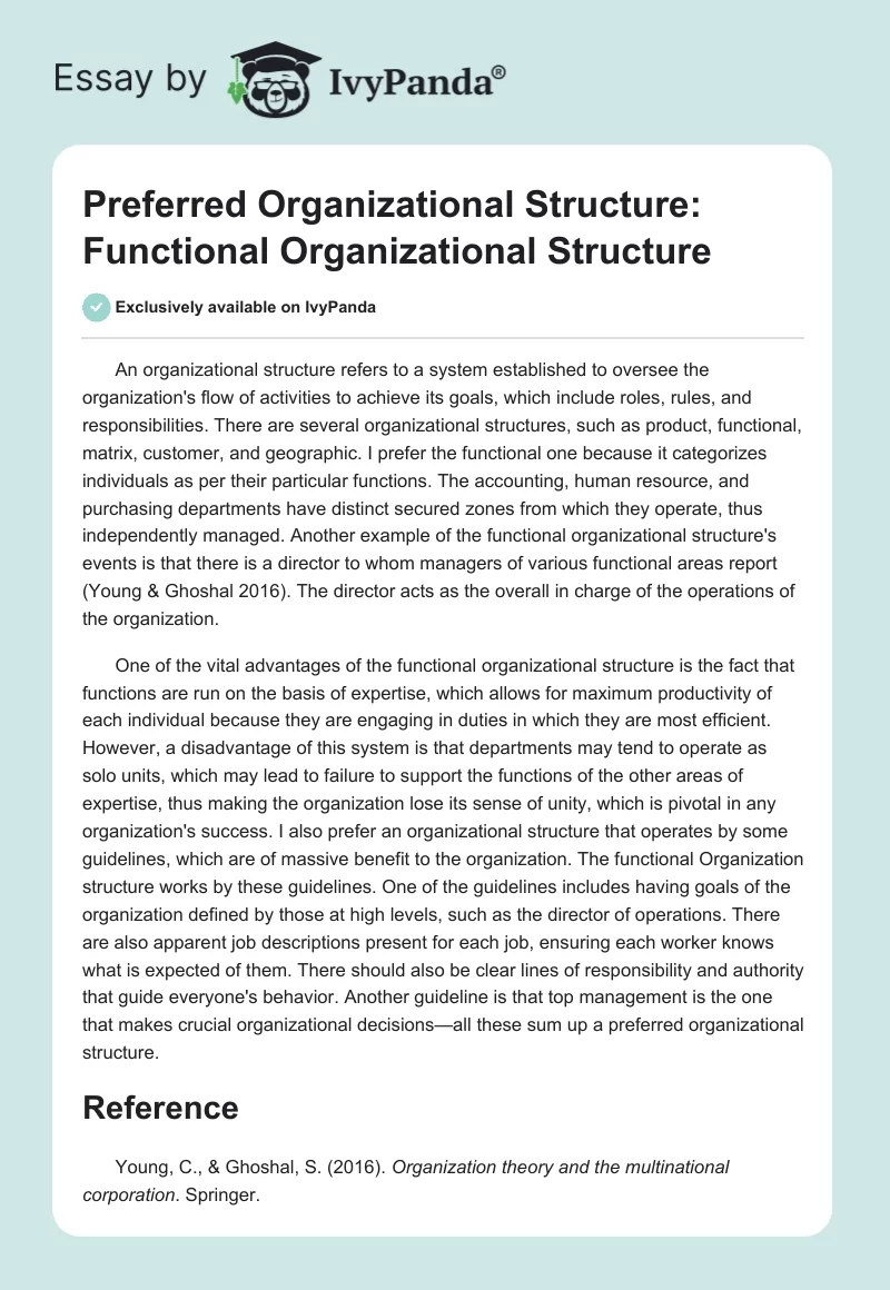 Preferred Organizational Structure: Functional Organizational Structure. Page 1