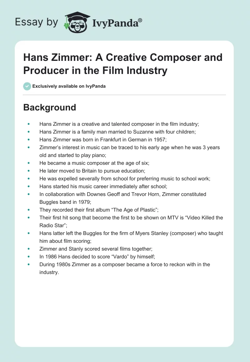 Hans Zimmer: A Creative Composer and Producer in the Film Industry. Page 1