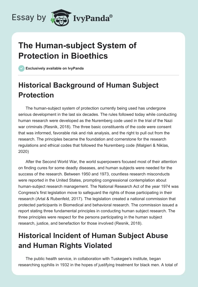 The Human-Subject System of Protection in Bioethics. Page 1