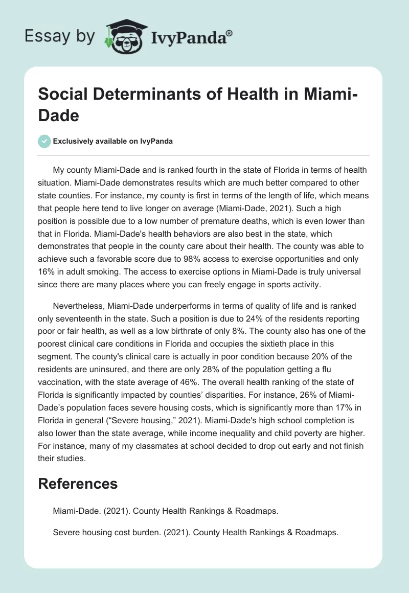 Social Determinants of Health in Miami-Dade. Page 1